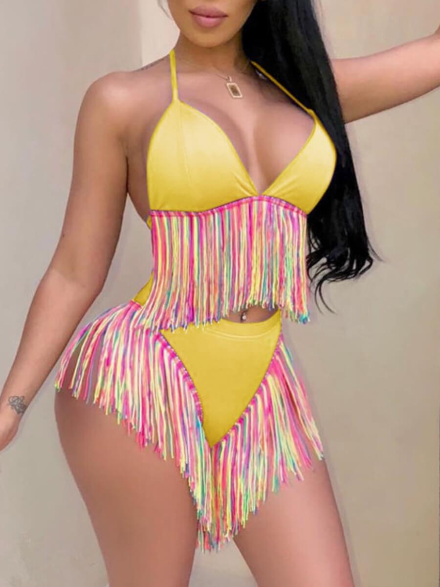 

Lovely Trendy Bandage Tassel Design Patchwork Yellow Two-piece Swimsuit