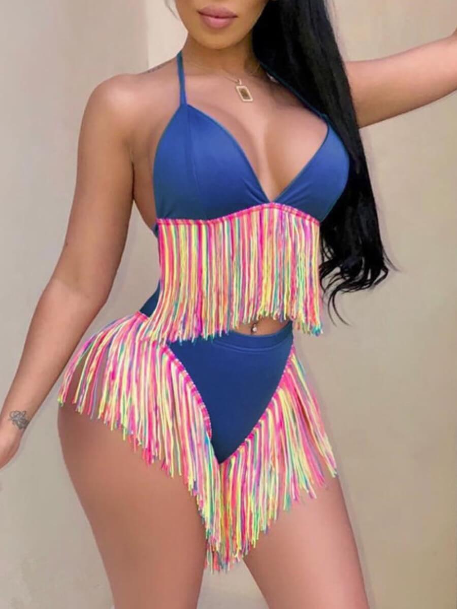 

Lovely Trendy Bandage Tassel Design Patchwork Blue Two-piece Swimsuit