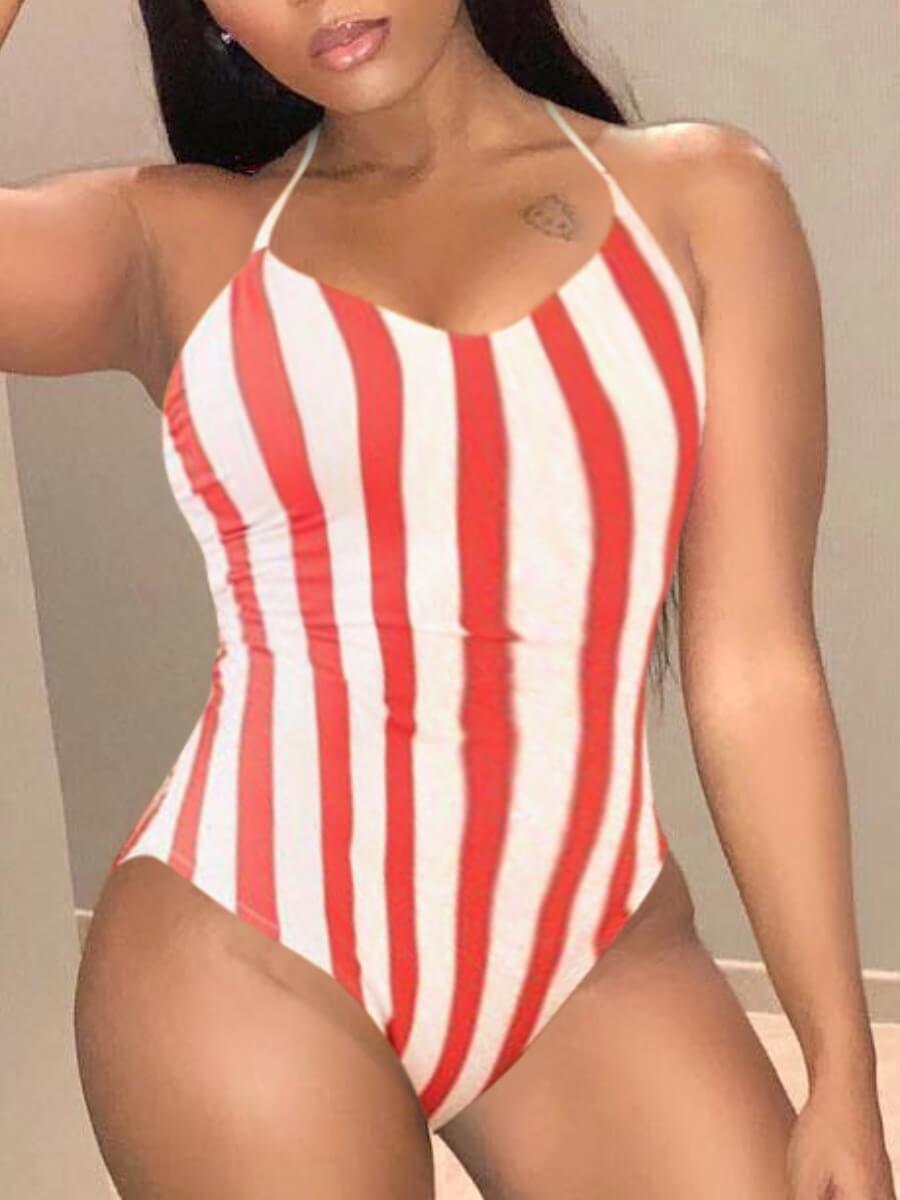 

Lovely Casual Striped Patchwork Red One-piece Swimsuit