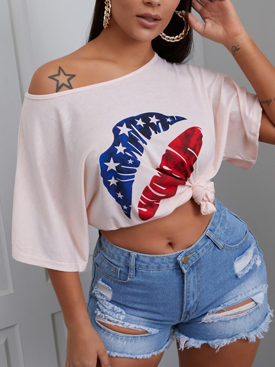 

Lovely Casual Star Lip Print Pink T-shirt