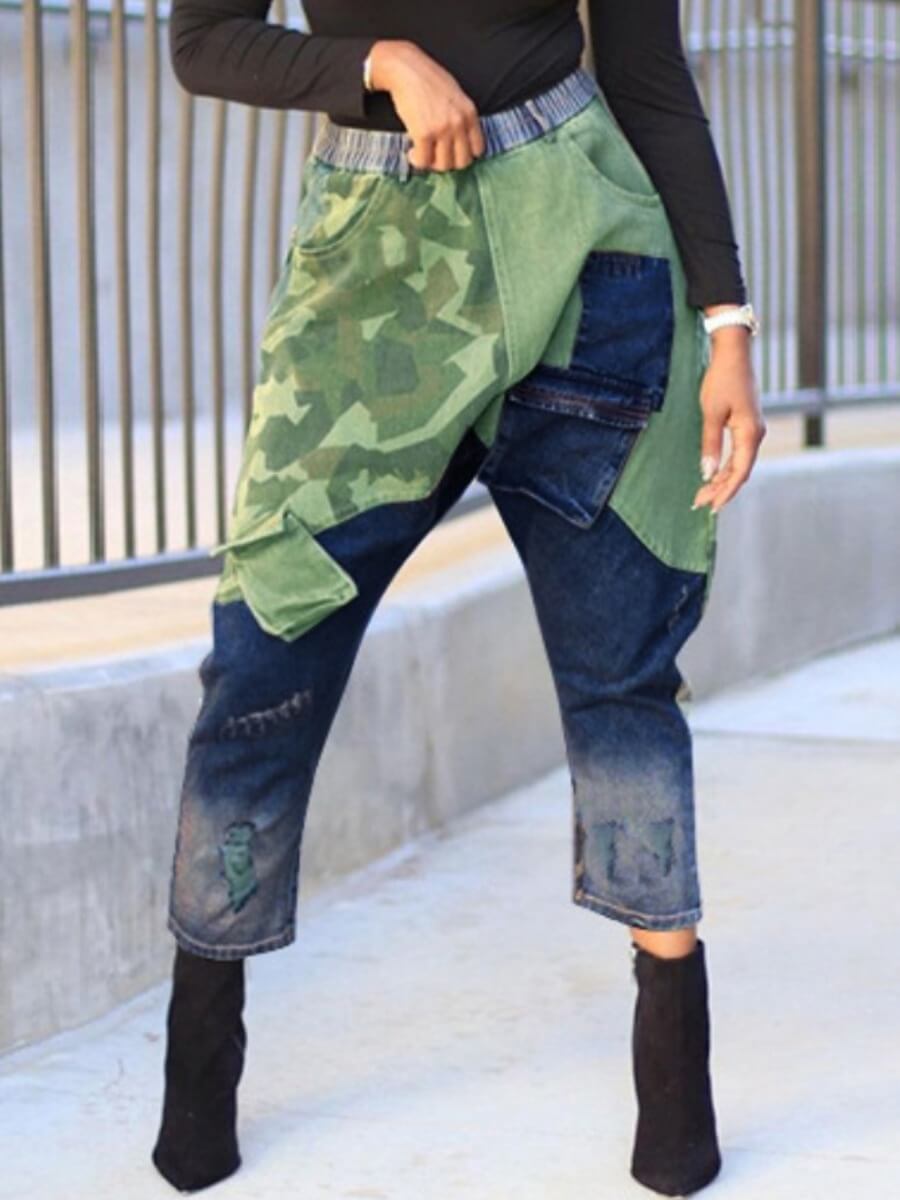 

Lovely Street Camo Print Patchwork Dark Blue Pants