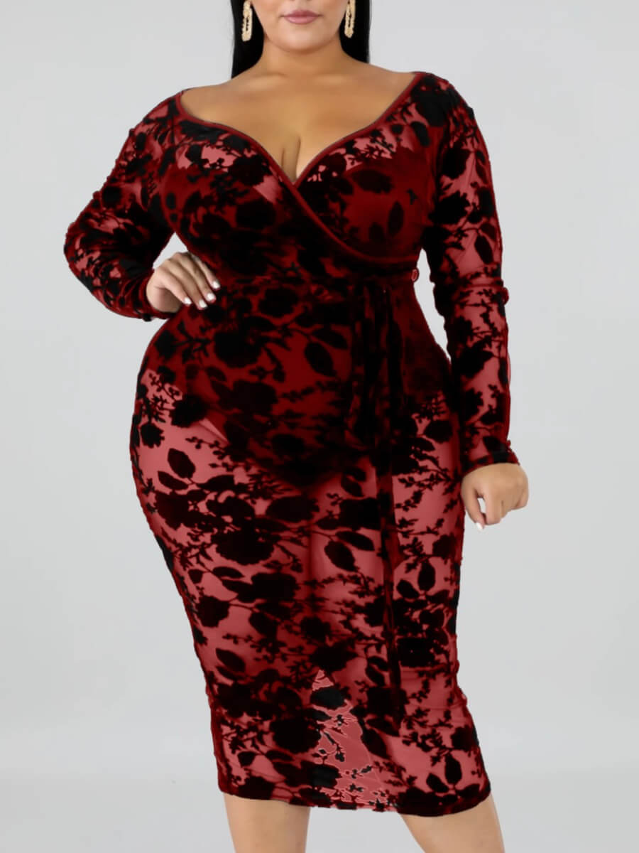 

Lovely Plus Size Casual Floral Print See-through Lace-up Wine Red Mid Calf Dress