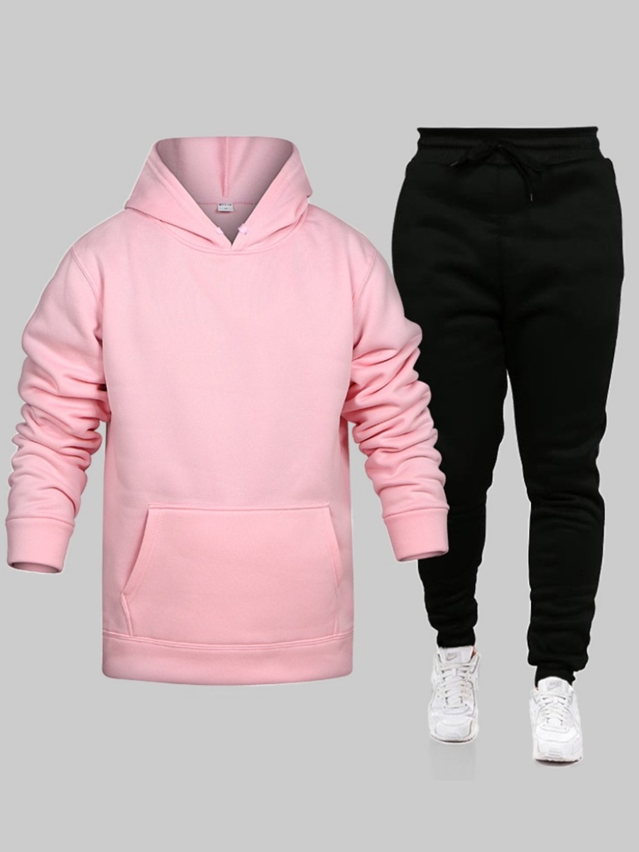

Lovely Men Casual Hooded Collar Kangaroo Pocket Pink Two Piece Pants Set