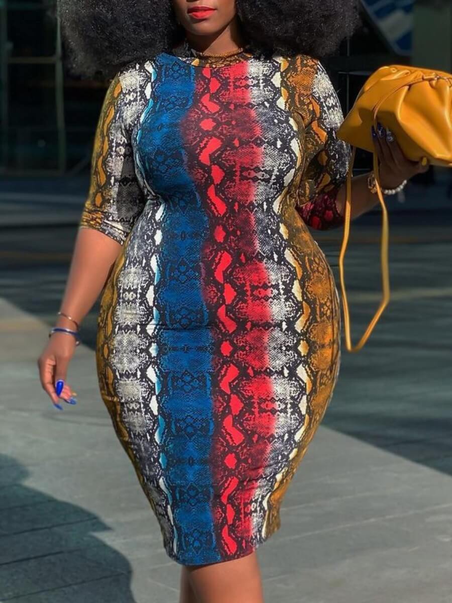 

Lovely Plus Size Casual O Neck Cobra Print Patchwork Multicolor Knee Length Dress, Multi