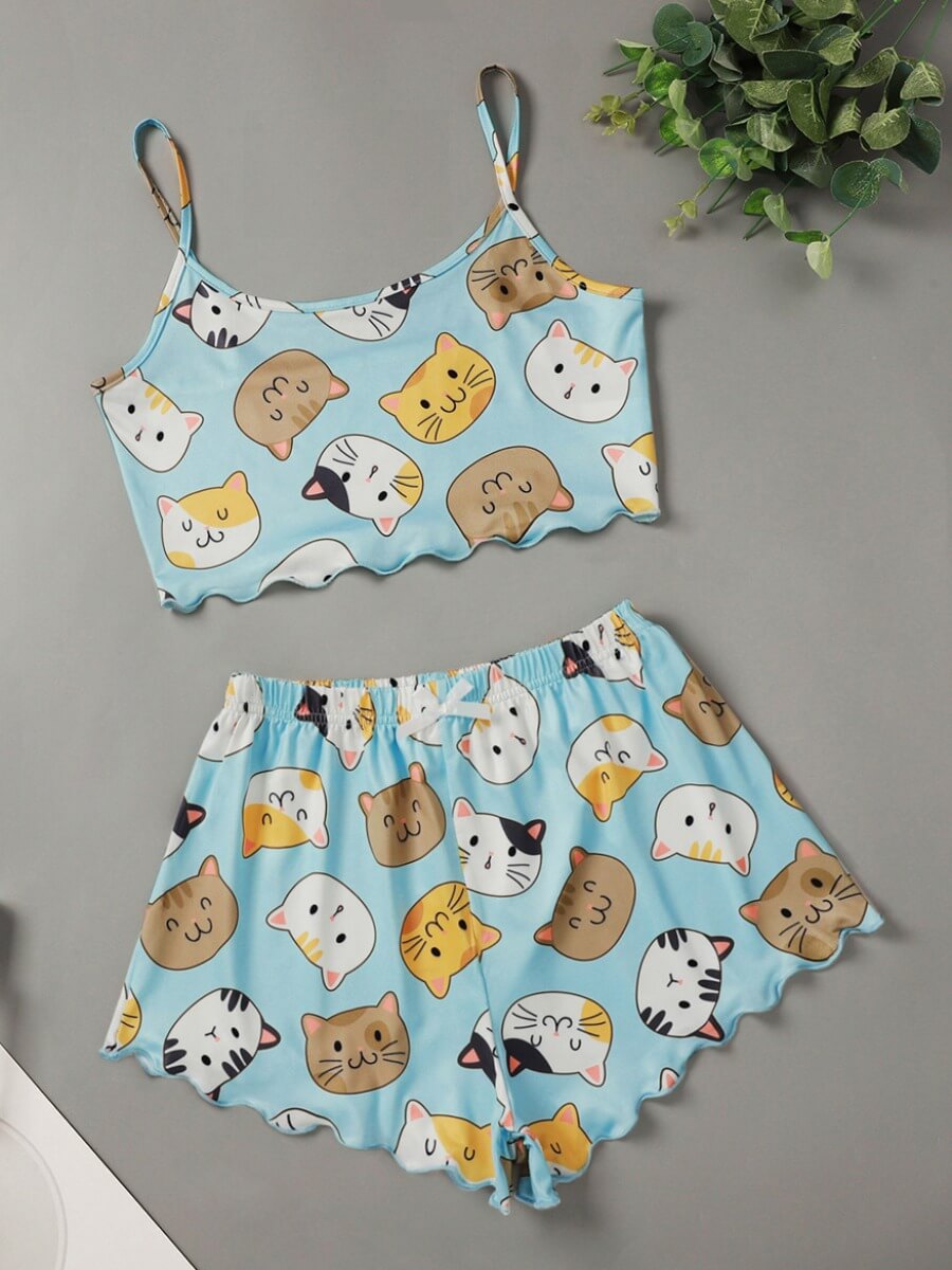 

Lovely Casual Cartoon Print Patchwork Blue Sleepwear