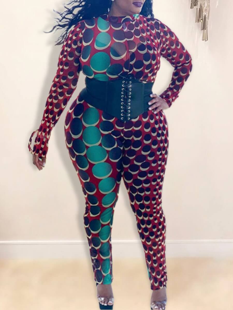 

Lovely Party Long Sleeve Print Red Plus Size One-piece Jumpsuit