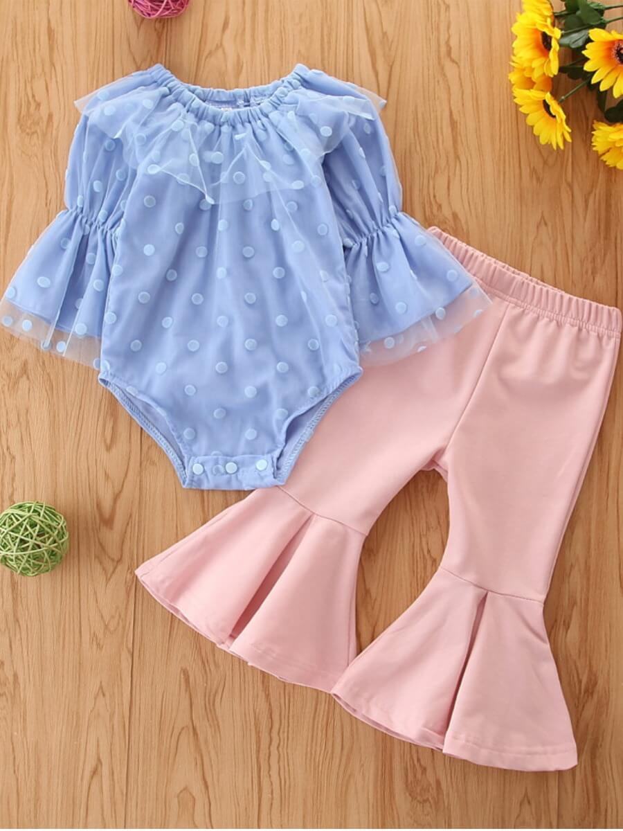 

Lovely Casual O Neck Flare Sleeve Dot Print Baby Blue Girl Two Piece Pants Set