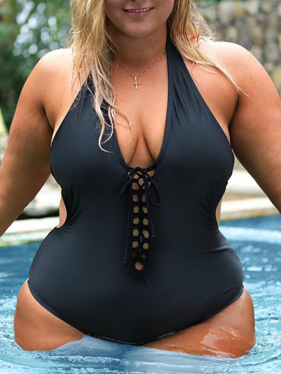 

Lovely Sexy Backless Bandage Hollow-out Design Black Plus Size One-piece Swimsuit
