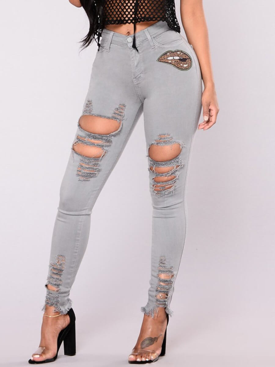 

Lovely Party High-waisted Broken Holes Grey Jeans