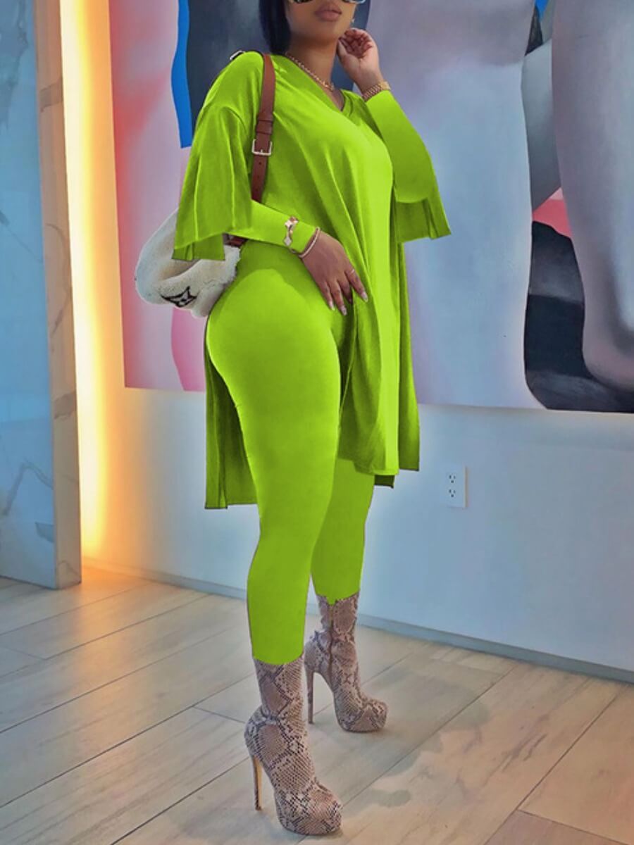 

Lovely Casual O Neck Side Split Green Two Piece Pants Set