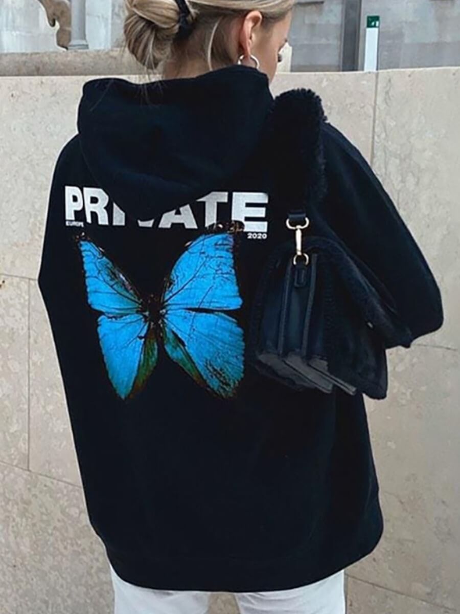 

Lovely Casual Hooded Collar Butterfly Print Blue Coat