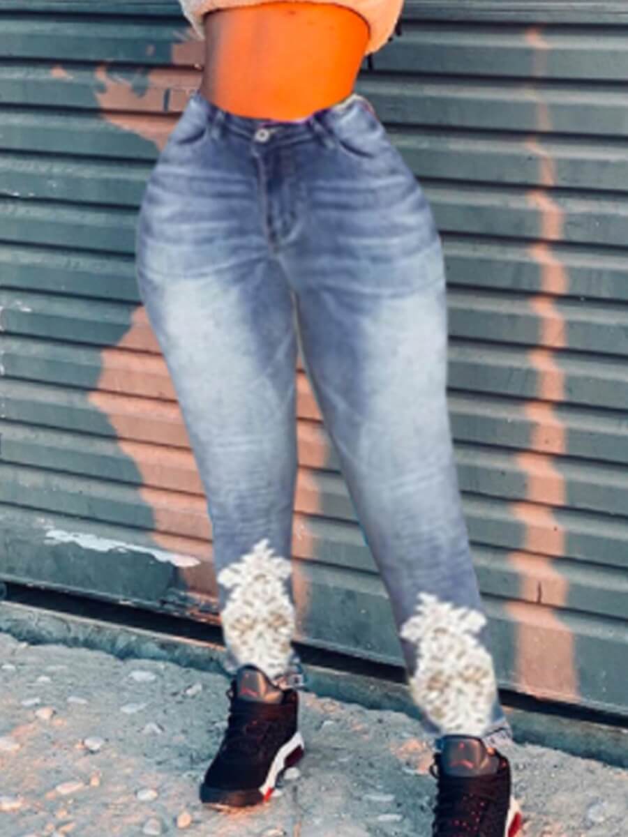 

Lovely Casual Elastic Waist Stitching Baby Blue Jeans