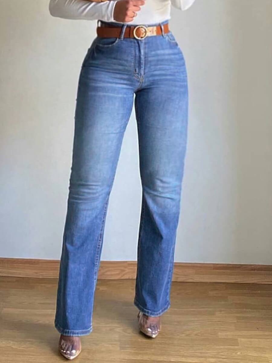 

Lovely Casual High-waisted Zipper Design Baby Blue Jeans(Without Belt