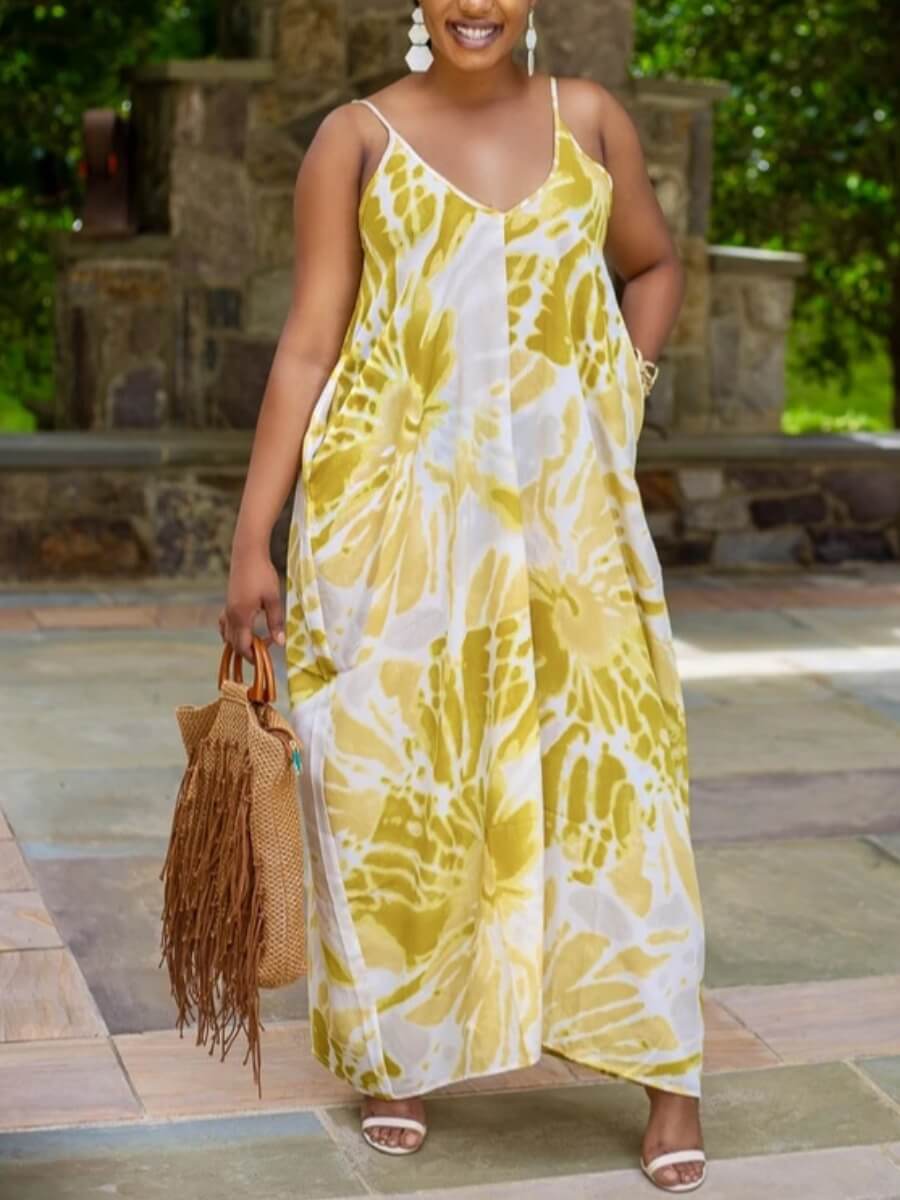 

Lovely Bohemian Spaghetti Strap Print Yellow Ankle Length Plus Size Dress