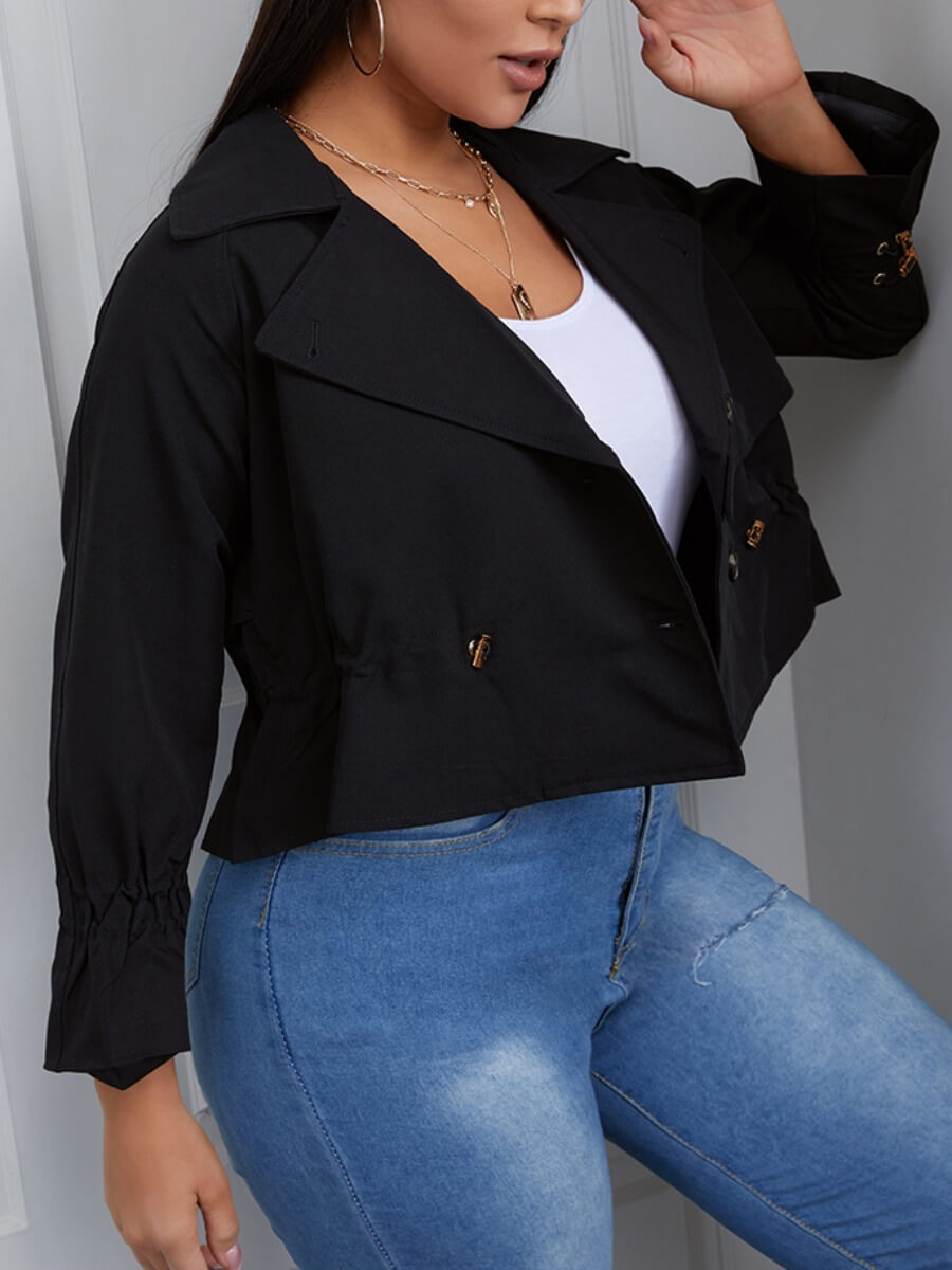 

Lovely Work Turndown Collar Drawstring Black Coat