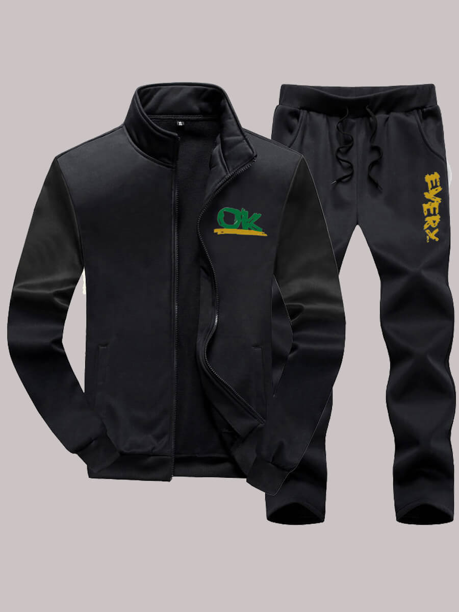 

Lovely Casual Mandarin Collar Letter Print Black Men Two Piece Pants Set
