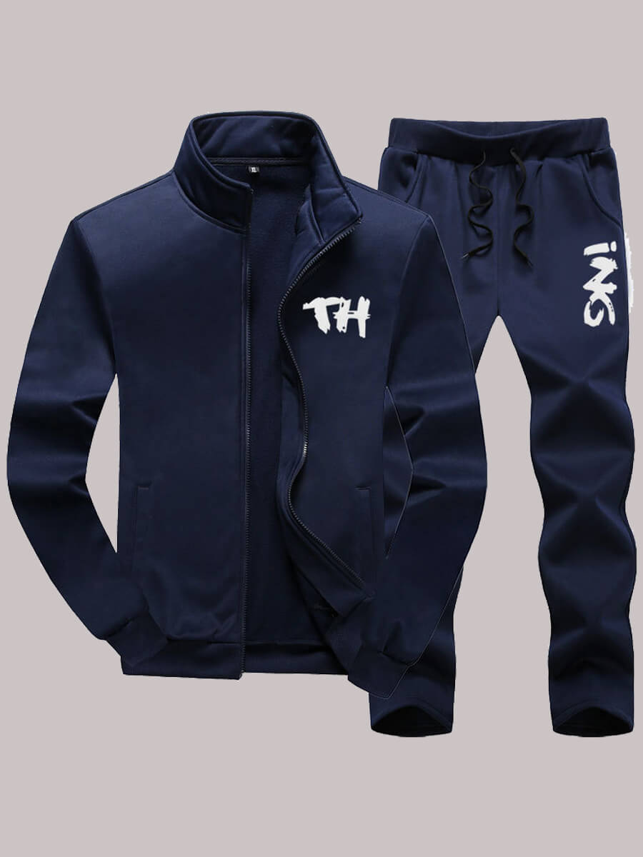 

Lovely Casual Mandarin Collar Letter Print Deep Blue Men Two Piece Pants Set