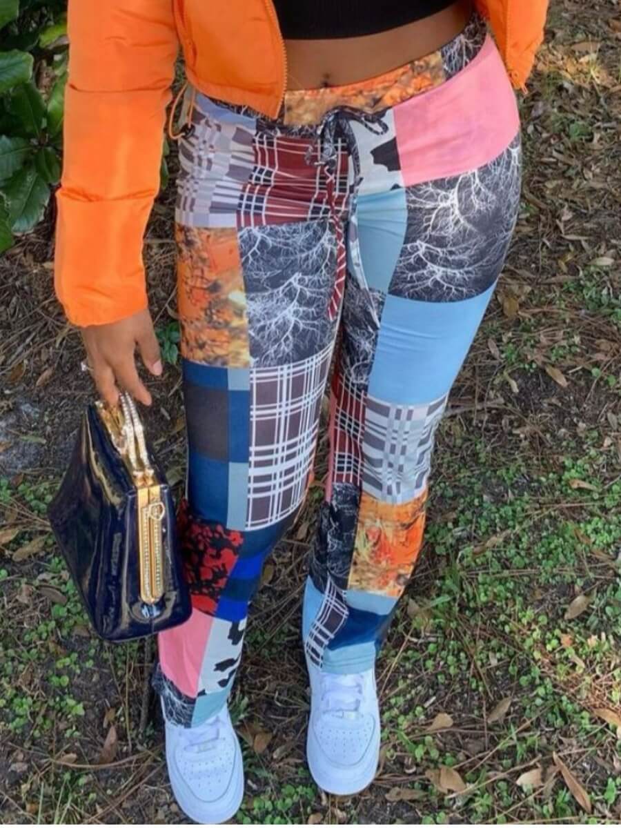 

Lovely Street Mid Waist Print Patchwork Blue Pants
