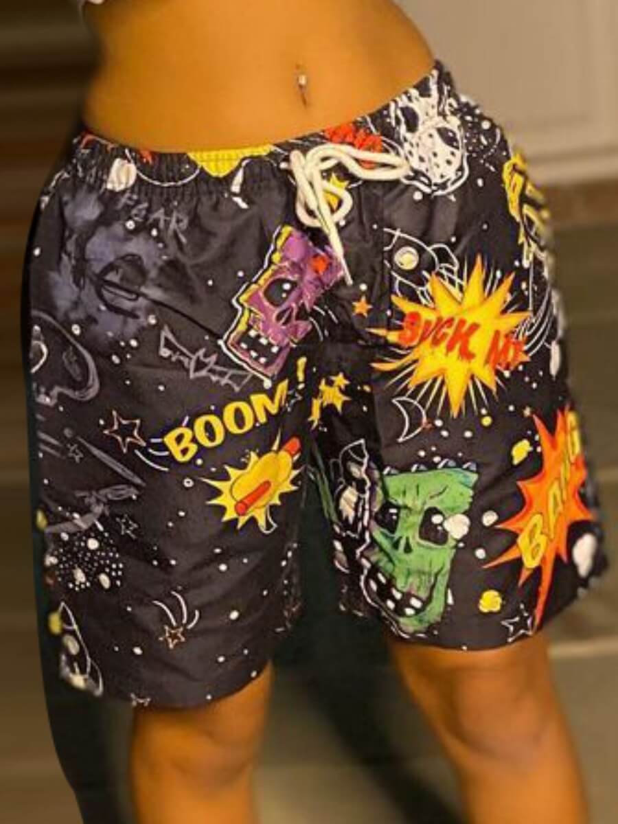 

Lovely Casual Mid Waist Gradient Print Black Shorts