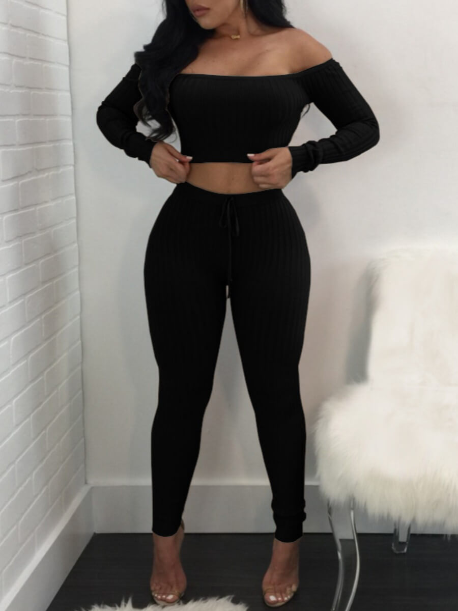 

Lovely Casual Off The Shoulder Drawstring Black Two Piece Pants Set