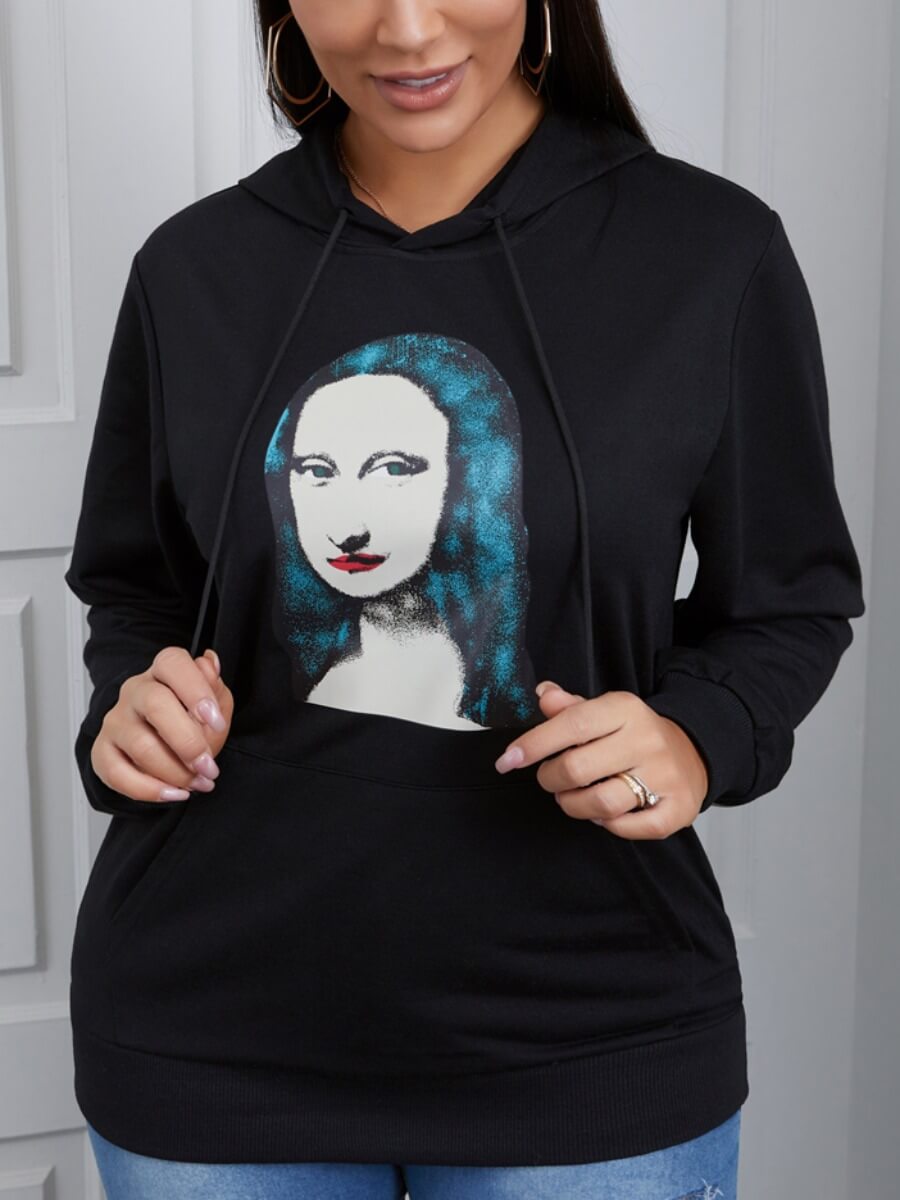 

Lovely Casual Hooded Collar Mona Lisa Print Black Hoodie