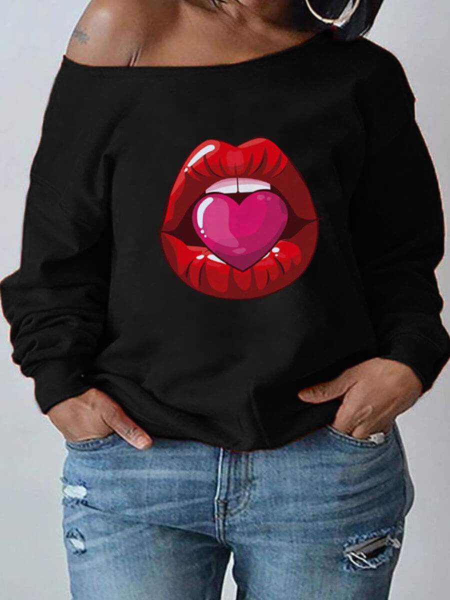 

Lovely Casual O Neck Lip Print Black Plus Size Hoodie
