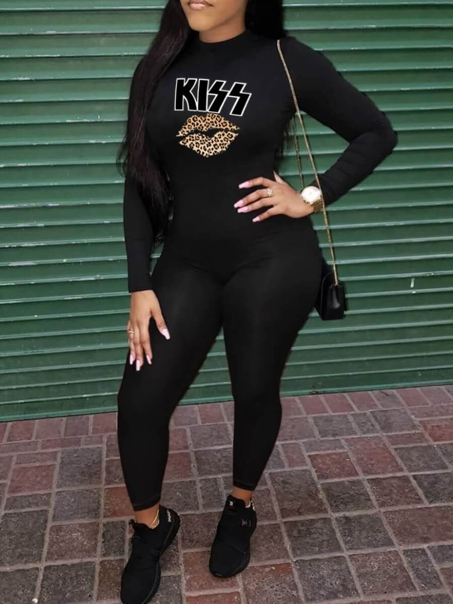 

Lovely Casual O Neck Lip Letter Print Black One-piece Jumpsuit