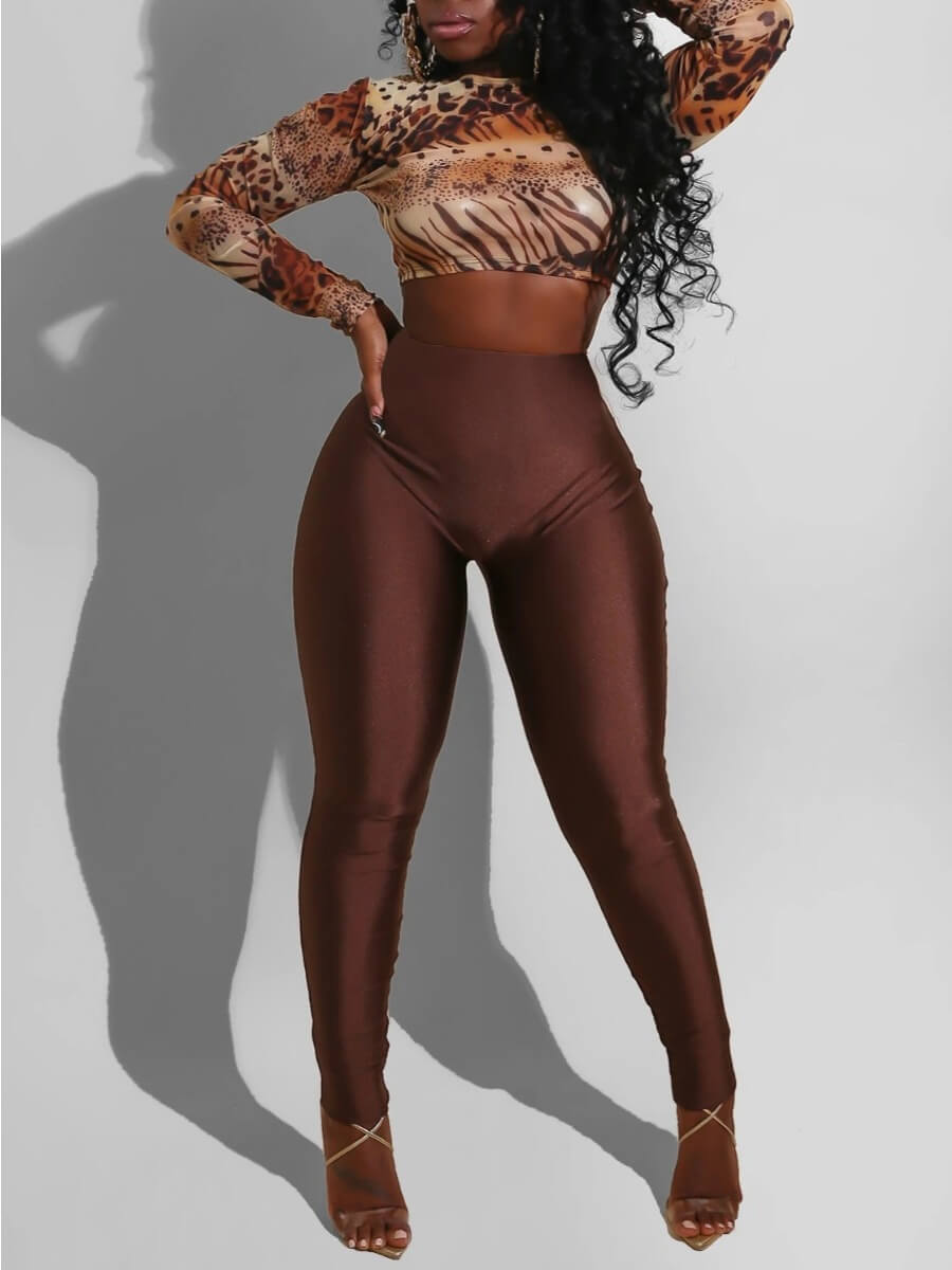 

Lovely Sweet O Neck Leopard Print Brown Two Piece Pants Set