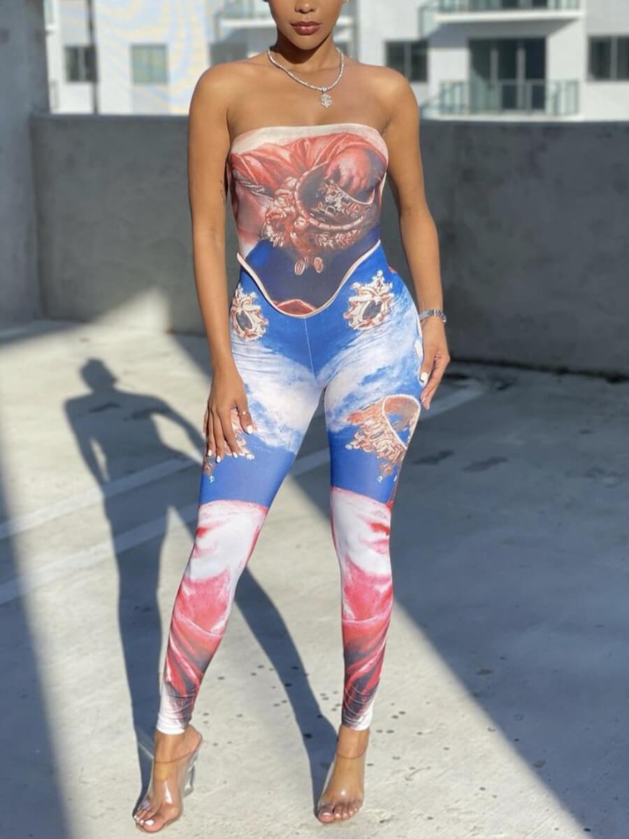 

LW Party Off The Shoulder Print Blue One-piece Jumpsuit
