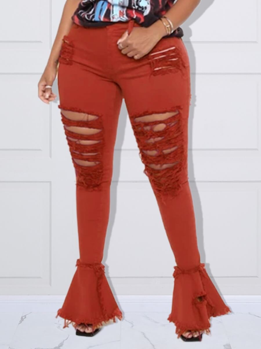 

Lovely Plus Size Casual Mid Waist Broken Holes Flared Red Jeans