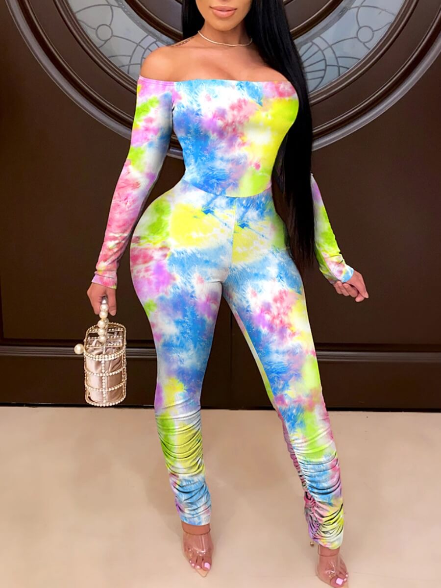 

Lovely Casual Off The Shoulder Tie-dye Multicolor One-piece Jumpsuit, Multi