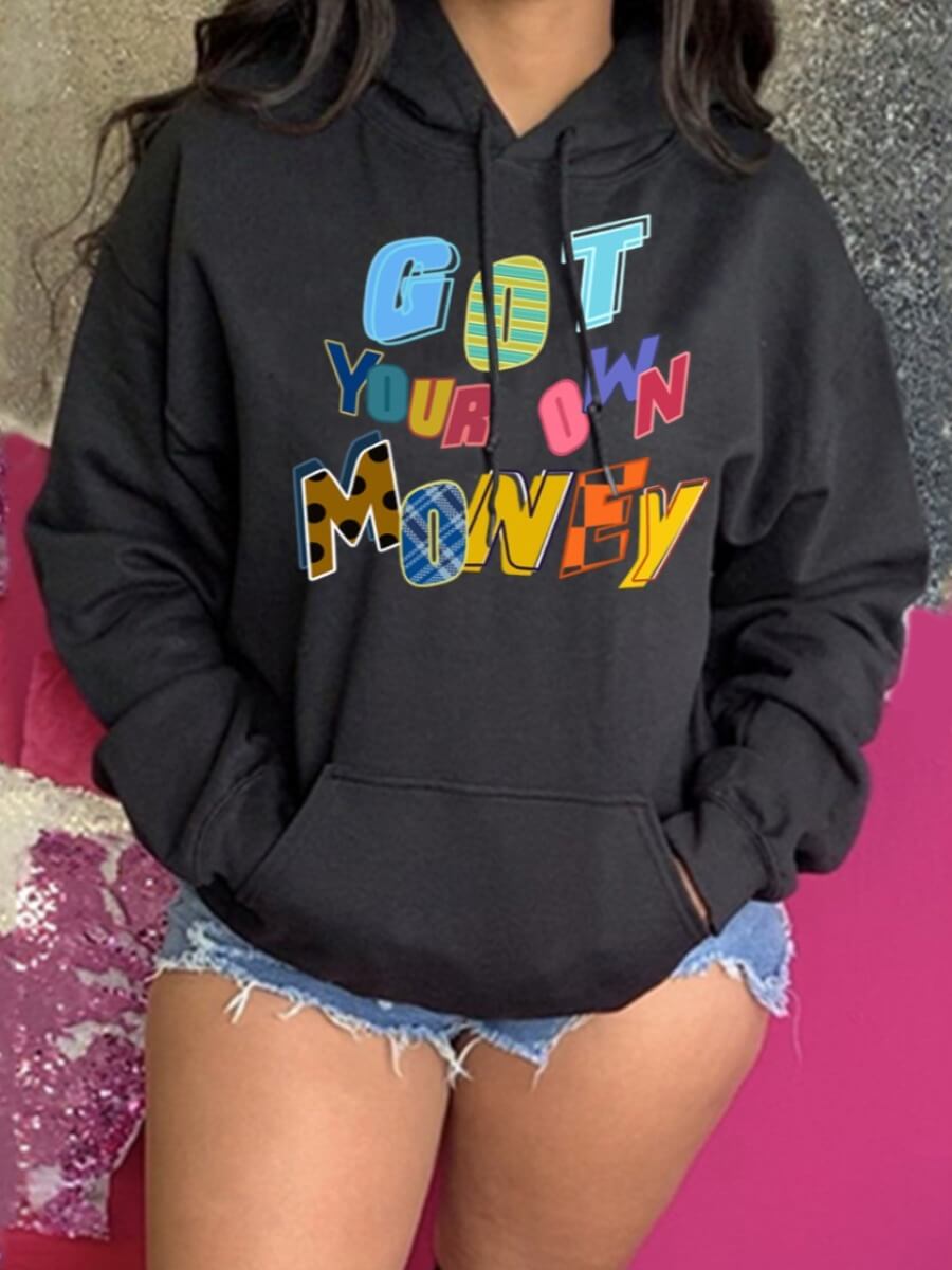 

Lovely Casual Dropped Shoulder Letter Print Black Hoodie