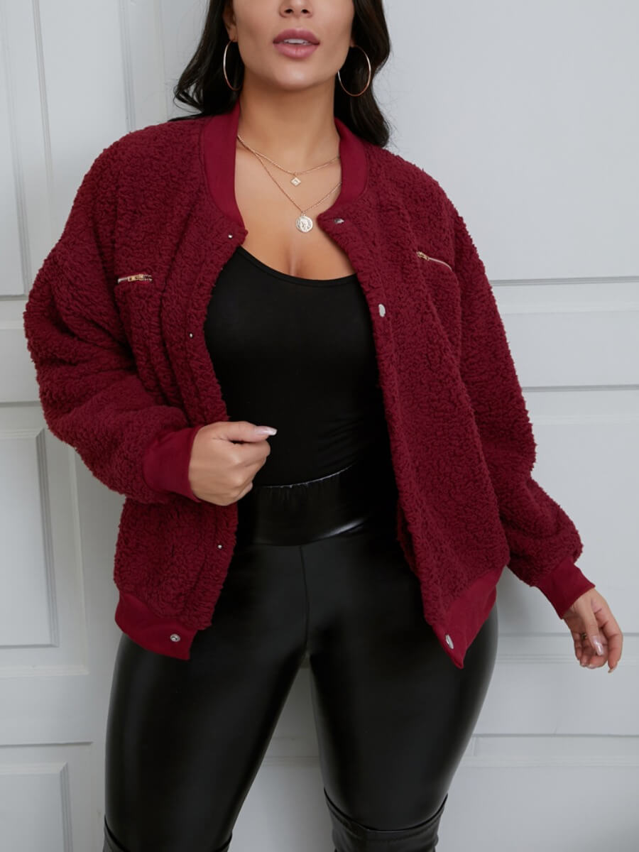 

Lovely Casual Zipper Design Wine Red Faux Fur