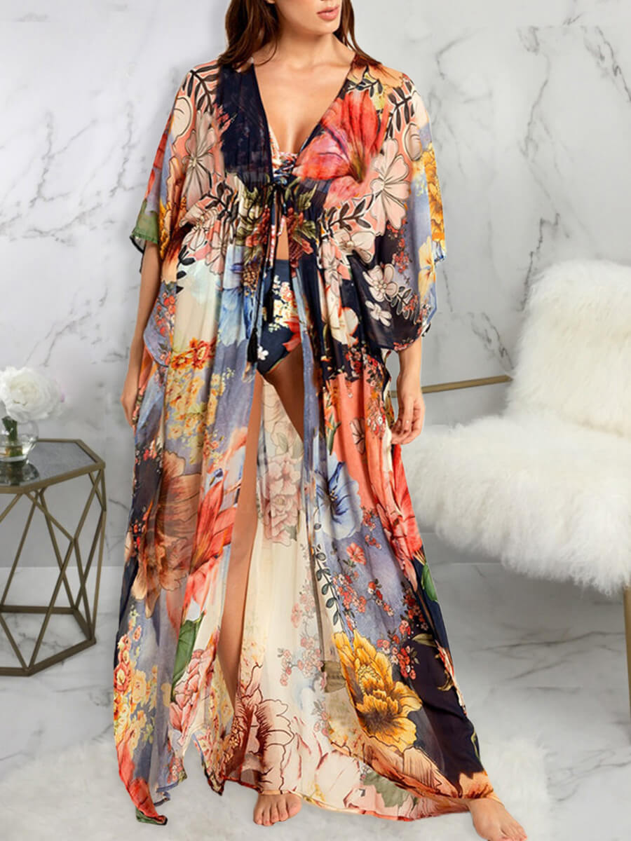 

Lovely Casual V Neck Floral Print Loose Multicolor Plus Size Cover-up, Multi