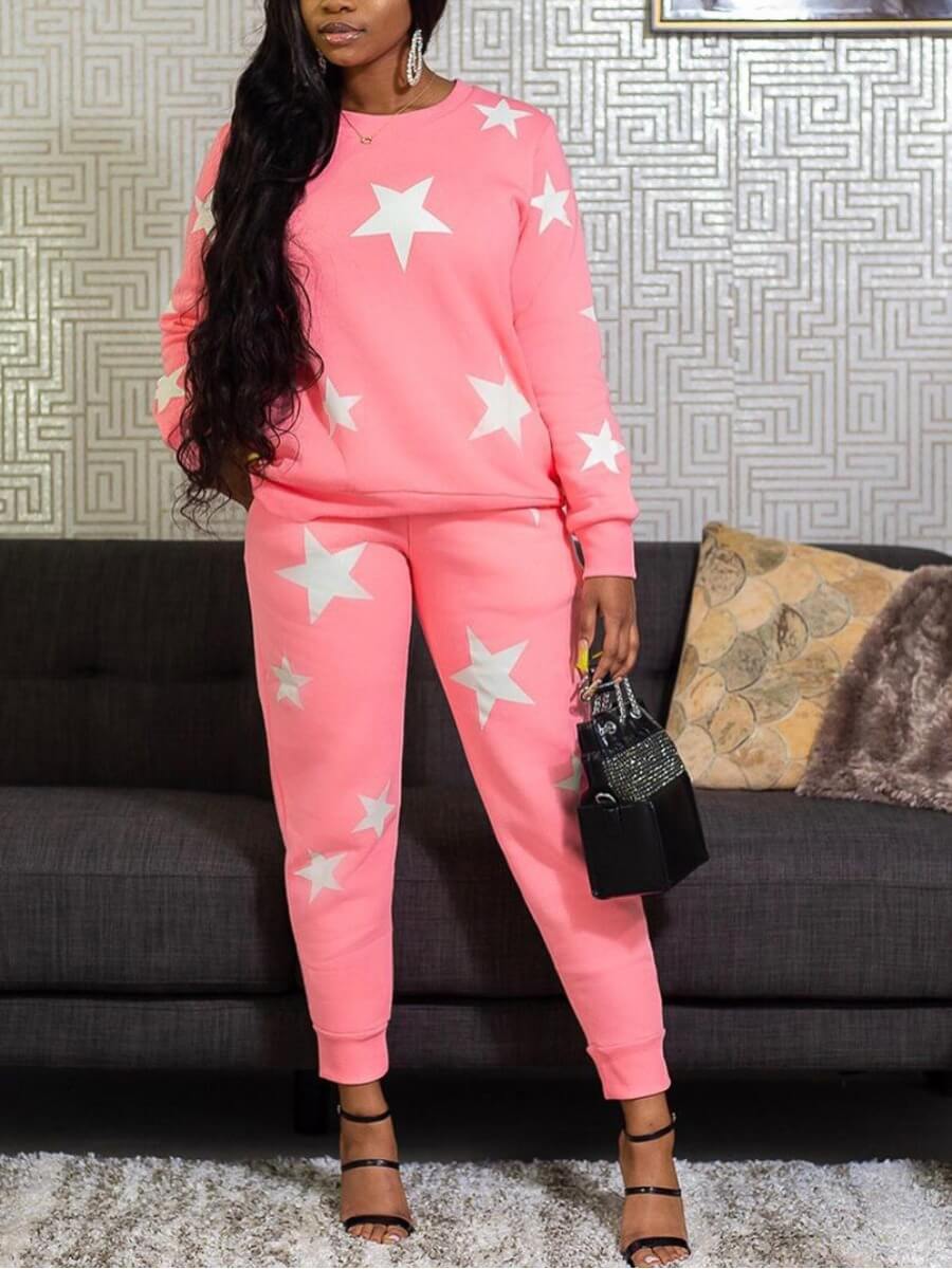 

Lovely Casual O Neck Star Print Pink Two Piece Pants Set