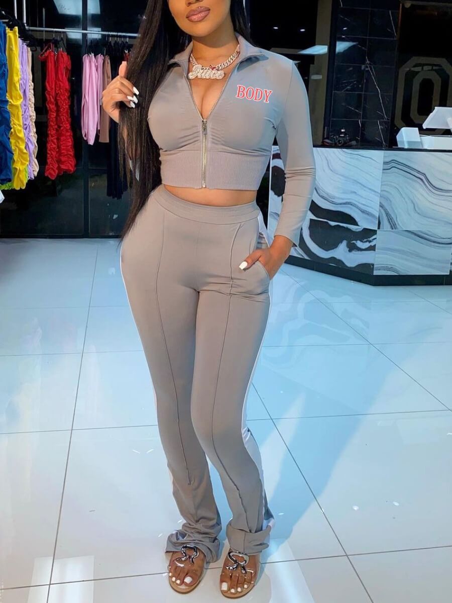 

Lovely Casual Turndown Collar Letter Print Grey Two Piece Pants Set
