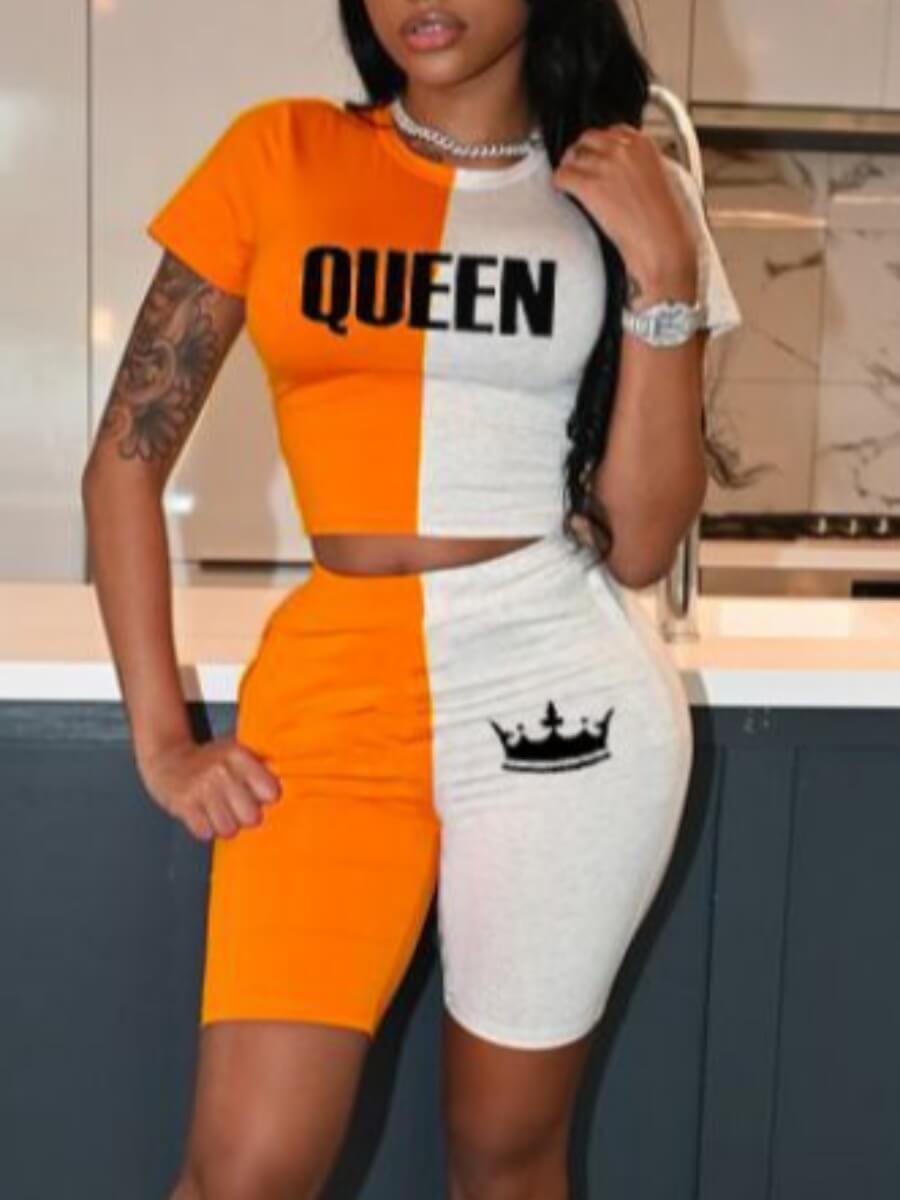 

Lovely Casual O Neck Letter Print Patchwork Croci Two Piece Shorts Set