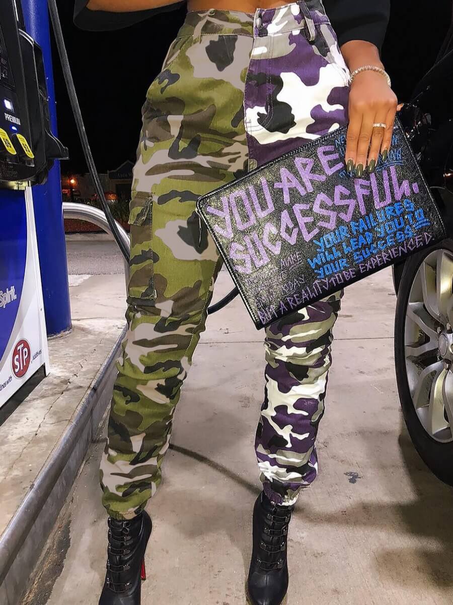 

Lovely Street Mid Waist Camo Print Patchwork Army Green Pants, Army green camouflag