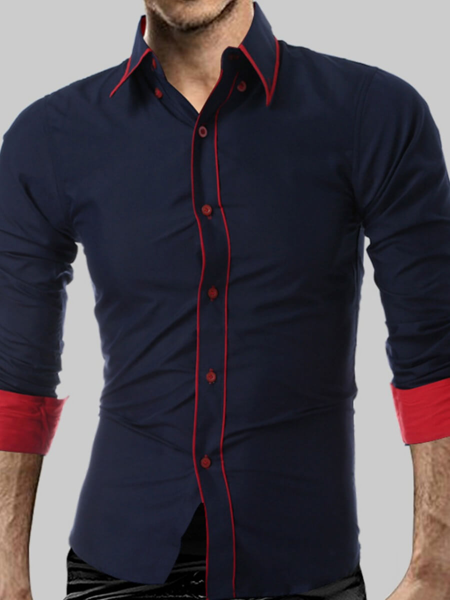 

Lovely Formal Turndown Collar Patchwork Dark Blue Men Shirt
