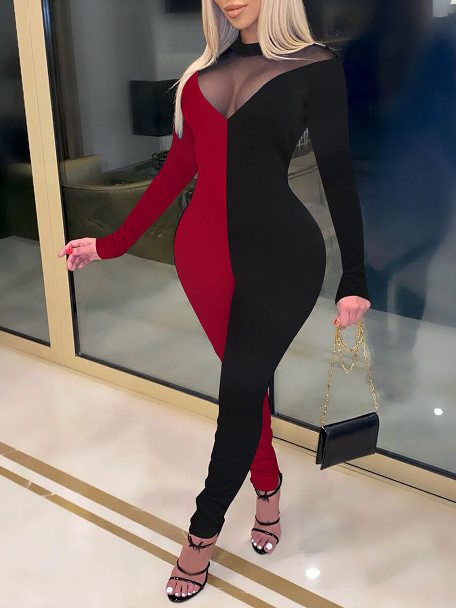 

Lovely Casual O Neck See-through Patchwork Black One-piece Jumpsuit
