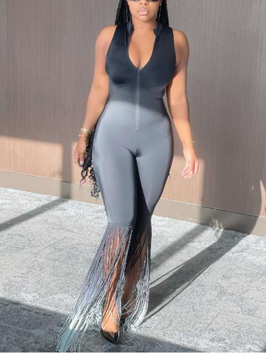 

Lovely Casual Tank Sleeveless Tassel Design Patchwork Black One-piece Jumpsuit