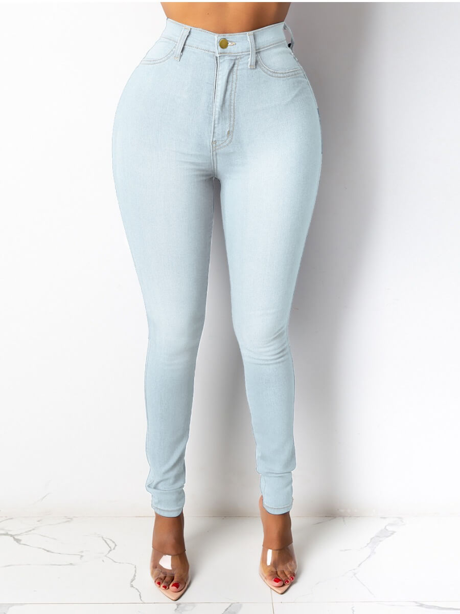 

Lovely Casual High-waisted Zipper Design Skinny Baby Blue Jeans