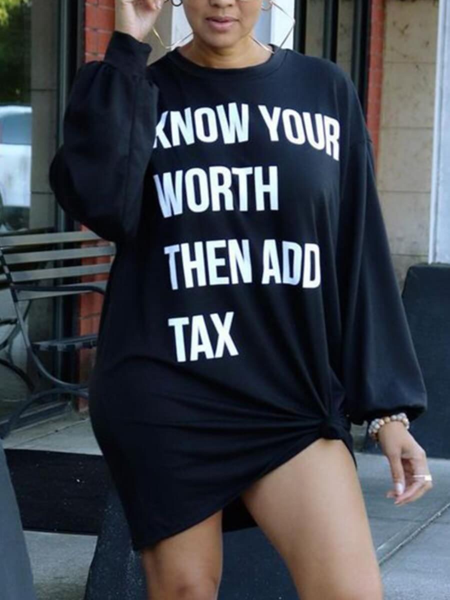

LW Casual O Neck Letter Print Loose Black Knee Length Dress