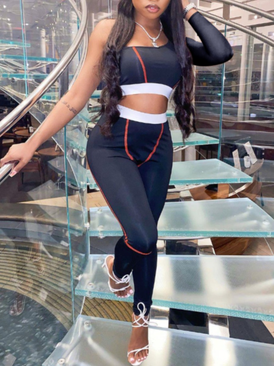 

LW Sportswear One Shoulder Striped Black Two Piece Pants Set
