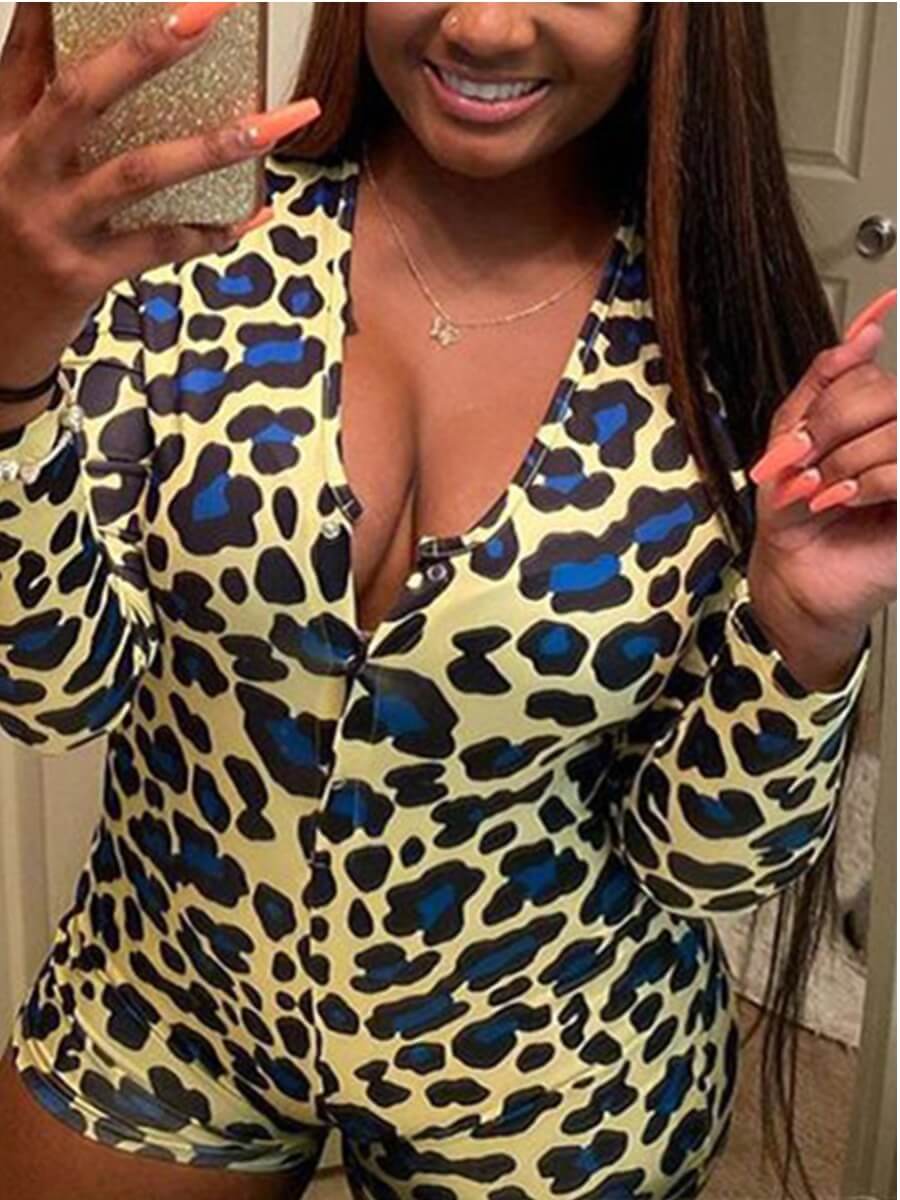 

Lovely Casual V Neck Leopard Print Yellow Plus Size One-piece Romper