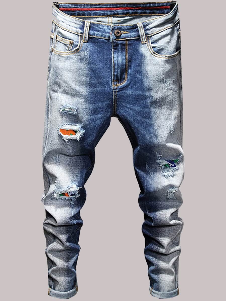 

Lovely Casual Mid Waist Broken Holes Patchwork Blue Men Jeans