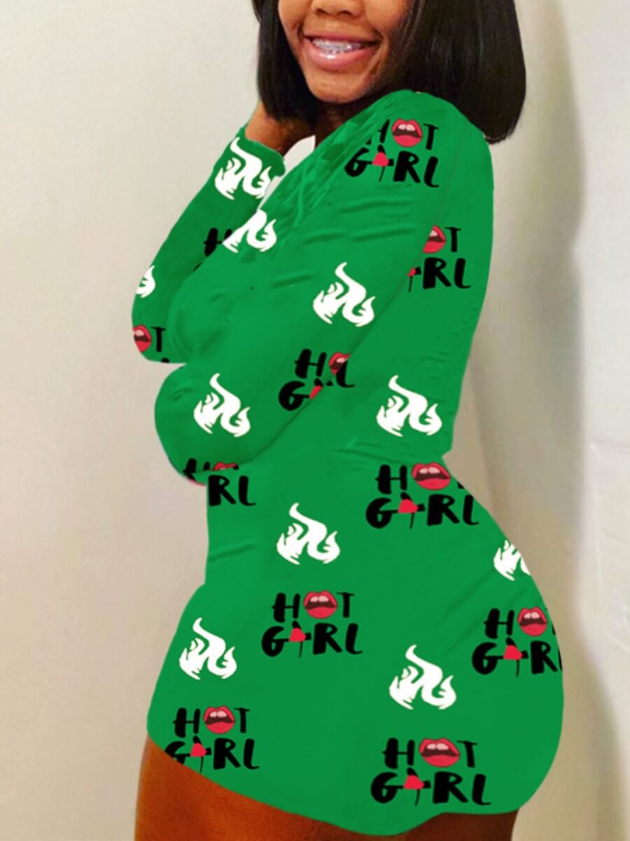 

Lovely Casual Letter Print Green Plus Size One-piece Romper
