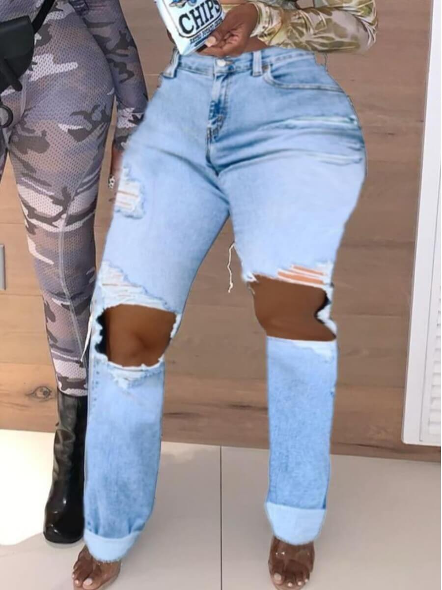 

Lovely Street High-waisted Broken Holes Blue Plus Size Jeans