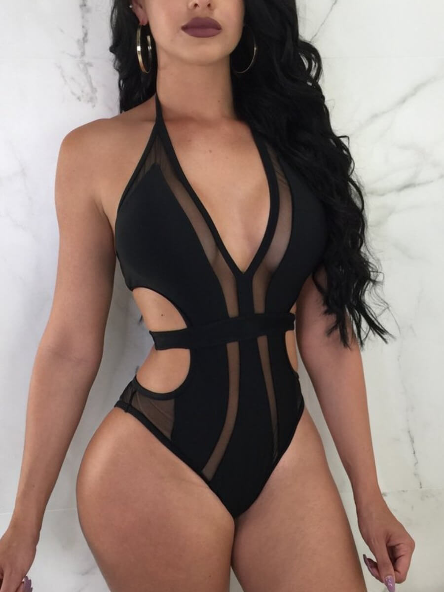 

Lovely Sexy Hollow-out See-through Black One-piece Swimsuit