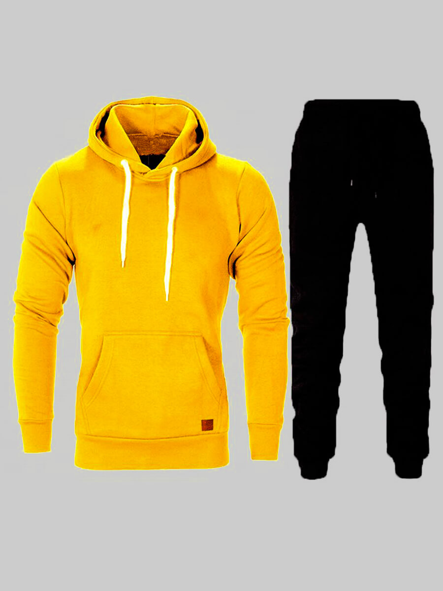 

LW BASIC Men Hooded Collar Kangaroo Pocket Pants Set, Yellow